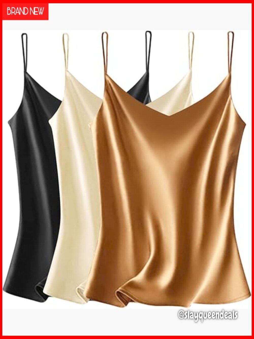 Satin V-Neck Camisole Tank Top with Adjustable Spaghetti Straps, 3-Pack - Picture 1 of 7